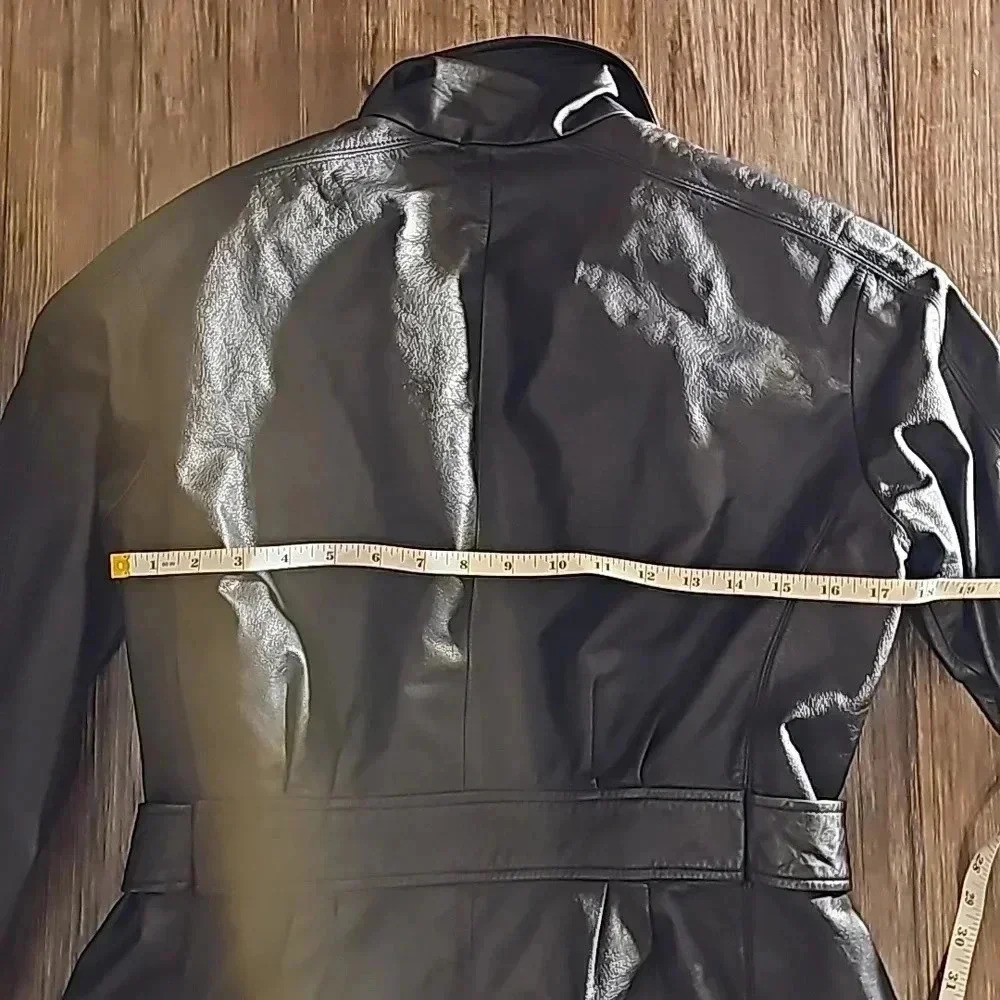 Womens Preston & York Black Leather Trench Moto Jacket Sz Petite Medium - Picture 6 of 7
